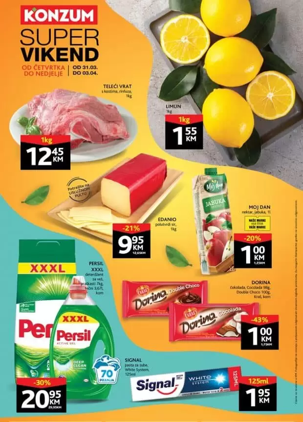 Konzum katalog donosi nam odlične akcijske cijene prehrambenih proizvoda i kućne hemije! Popusti dosežu i do 50%! Konzum vikend akcija 31.03-03.04.2022. godine.    Izdvojeno iz ponude:   Teleći vrat sa kostima 1 kg 12,45 KM Edanio, polutvrdi sir 1 kg 9,95 KM