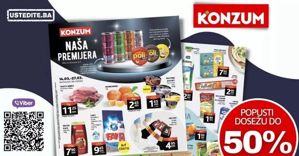 Konzum katalog donosi nam akcijske cijene! Ova super ponuda traje u periodu 14.03-21.03.2022. godine. Uštedite novac, kupujte po akcijskim sniženim cijenama!