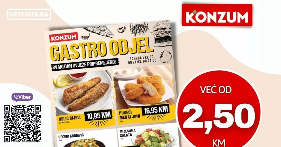 gastro odjel u Konzumu donosi nam super ponudu gotoovoih jela! Cijene se krecu od 2,50 KM! Prijatno!