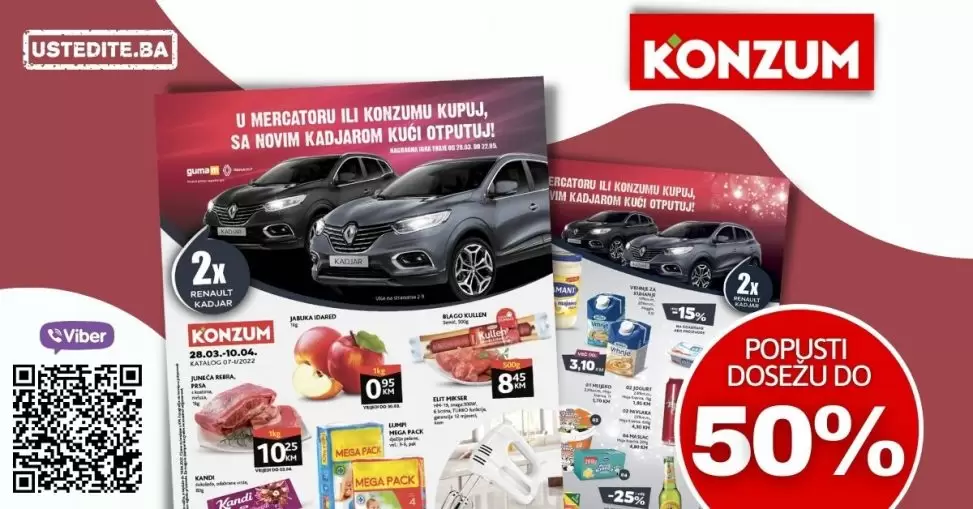 Velika nagradna igra Konzuma i Mercatora. U Mercaoru i Konzumu kupuj sa novim Kadjarom kući otputuj. Novi Konzum katalog donosi vam akcijske cjene prehrane, kucne hemije i opreme, prozivoda za njegu lica i tijela. Velik izbor kozmetike za bebe i pelena za bebe po snženim cijenama ceka na vas.
