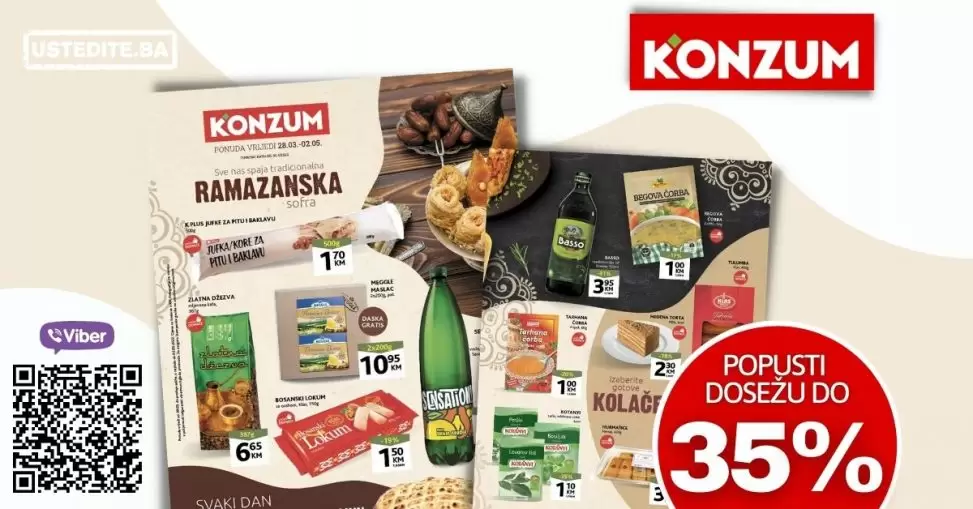 Konzum Ramazanska akcija donosi na super snizenje. Pronadjite akcijske cijene kafe, outera, mlijecnih prozvoda, maslinovog ulja! Veliki izbor priloga za jelo tjestenine, rize po sniženim cijenama. U Konzum katalog-u pronaci cete i cekin batake po cijeni od 6,45 KM.