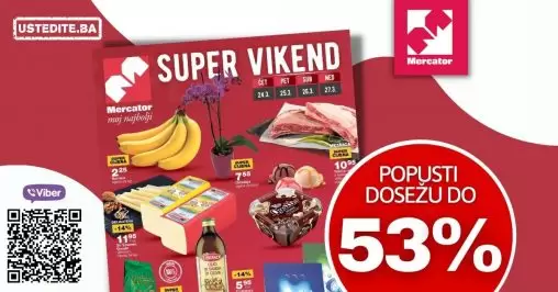 Mercator vikend akcija nam donosi super akcijske cijene na odjelima prehrane i kućne hemije. Popust dosežu i do 53%! U ovom Mercator katalog-u pronaći ćete: Vispak Zlatna džezva kafa 500 gr samo 7,95 KM Costanza maslinovo ulje od komine masline 1l samo 5,95 KM Deterdžent Faks 3 kg + Arf GRATIS samo 9,45 KM Pile Perutnina Ptuj 1 kg samo 3,95 KM