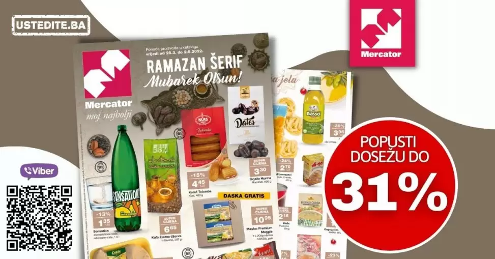 Mercator katalog nam uvijek donese super akcijske cijene prehrambenih proizvoda. U susret Razmaznu MERCATOR RAMAZANSKA AKCIJA nam donosi popuste i do 31%! Pogledajte Mercator Katalog uštedite novac.