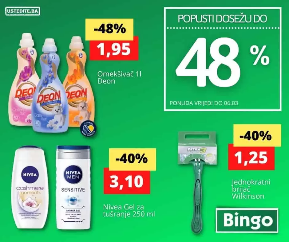 Bingo vikend akcija donosi popuste i do 48%. Za vas smo posebno izdvojili tri artikla sa najvećim popustom. Ponuda traje još samo jedan dan, stoga požurite. Pogledajte i uštedite!