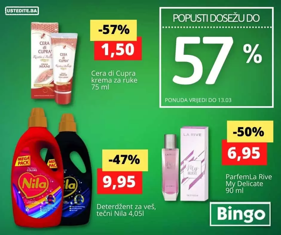 Iskoristite ovu neodoljivu ponudu i kupujte uz velike popuste! Bingo katalog donosi sniženja do 57%! Ova super ponuda traje do 13.03. stoga požurite!  U Bingo akcijskom katalogu pronaći ćete mliječne proizvode, mesne preradjevine, ulja, dodatke jelima, proizvode za ličnu higijenu, prozvode za čišćenje po odličnim cijenama! 