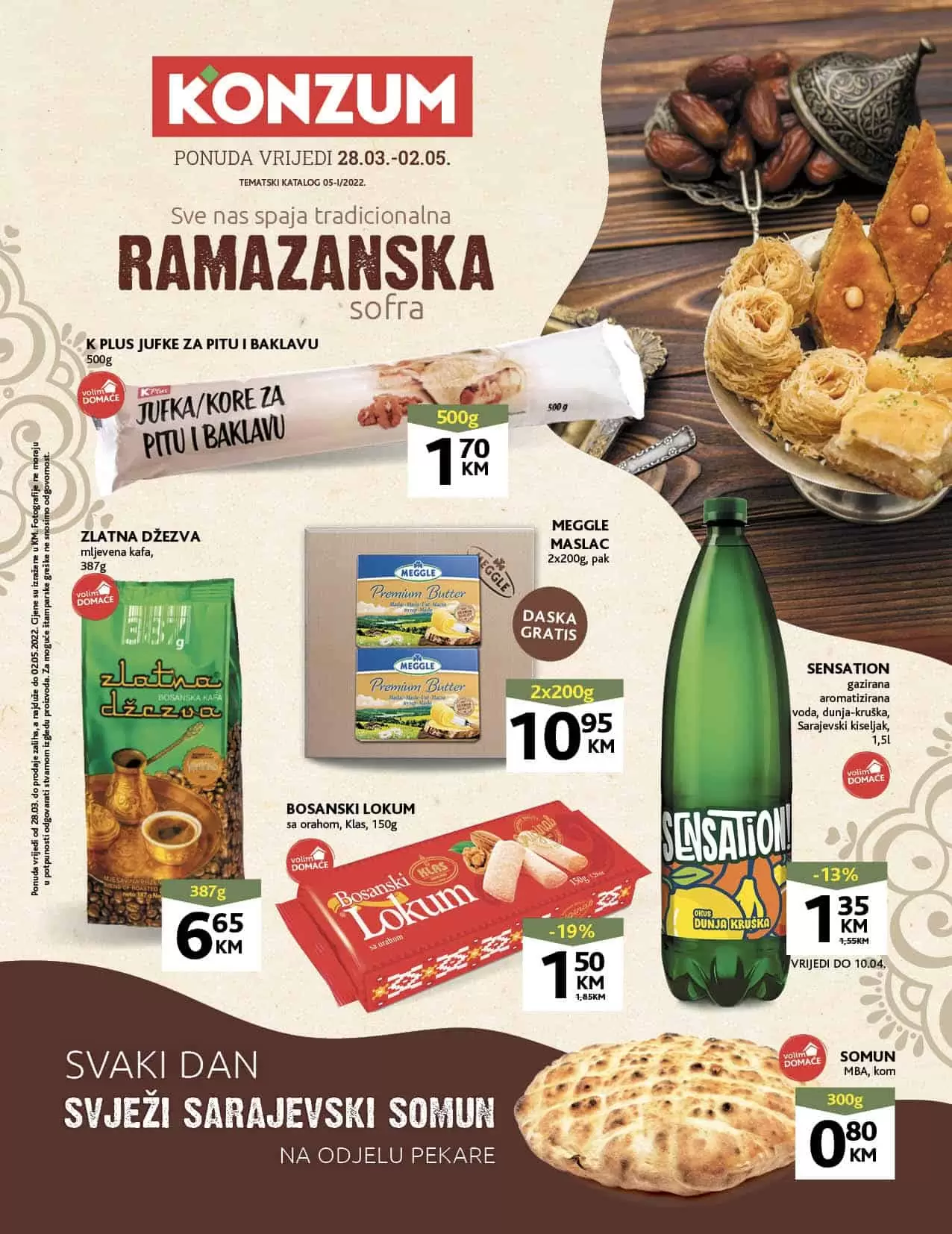 Konzum Ramazanska akcija donosi na super snizenje. Pronadjite akcijske cijene kafe, outera, mlijecnih prozvoda, maslinovog ulja! Veliki izbor priloga za jelo tjestenine, rize po sniženim cijenama. U Konzum katalog-u pronaci cete i cekin batake po cijeni od 6,45 KM.