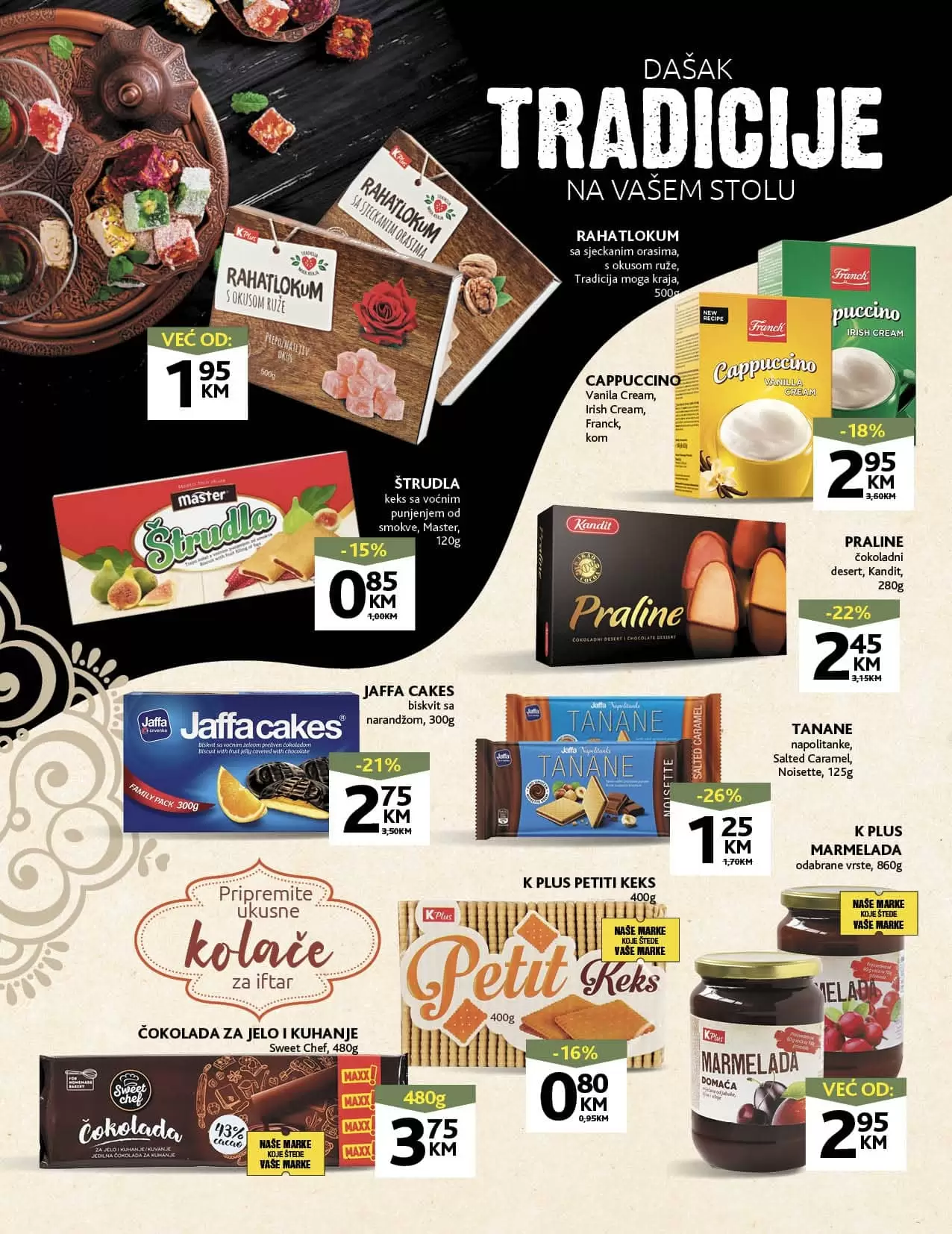 Konzum Ramazanska akcija donosi na super snizenje. Pronadjite akcijske cijene kafe, outera, mlijecnih prozvoda, maslinovog ulja! Veliki izbor priloga za jelo tjestenine, rize po sniženim cijenama. U Konzum katalog-u pronaci cete i cekin batake po cijeni od 6,45 KM.