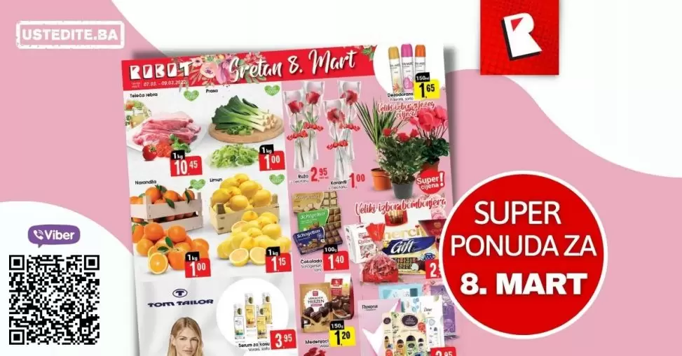 Početak sedmice uz SUPER NISKE CIJENE u Robotu! U ovom katalogu pronadjite svjeze voce i povrce po super cijenama. Robot je pripremio i super ponudu za 8.mart. Obradujte nekoga cvijecem, slatkisima, proizvodima za ljepotu i njegu.
