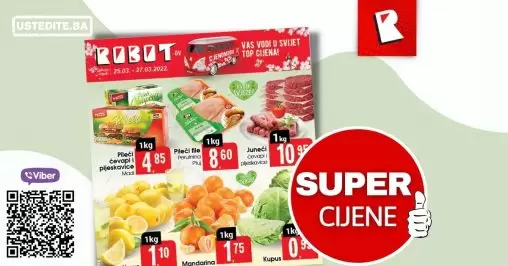 Robot vikend akcija donosi nam super cijene svježeg mesa Perutnna Ptuj pileć file 1 kg samo 8,60 KM Junjeći ćevapi i pljeskavice 1 kg samo 10,95 KM Pronadjite i odlične cijene voća i povraća  Limun 1 kg samo 1,10 KM Mandarina 1 kg 1,75 KM Kupus 1 kg 0,95 KM Uživajte svaki dan uz omiljenu Grand Gold kafu po super cijeni od 6,20 KM za 375 g. Pogledajte ostatak Robot katalog-a!
