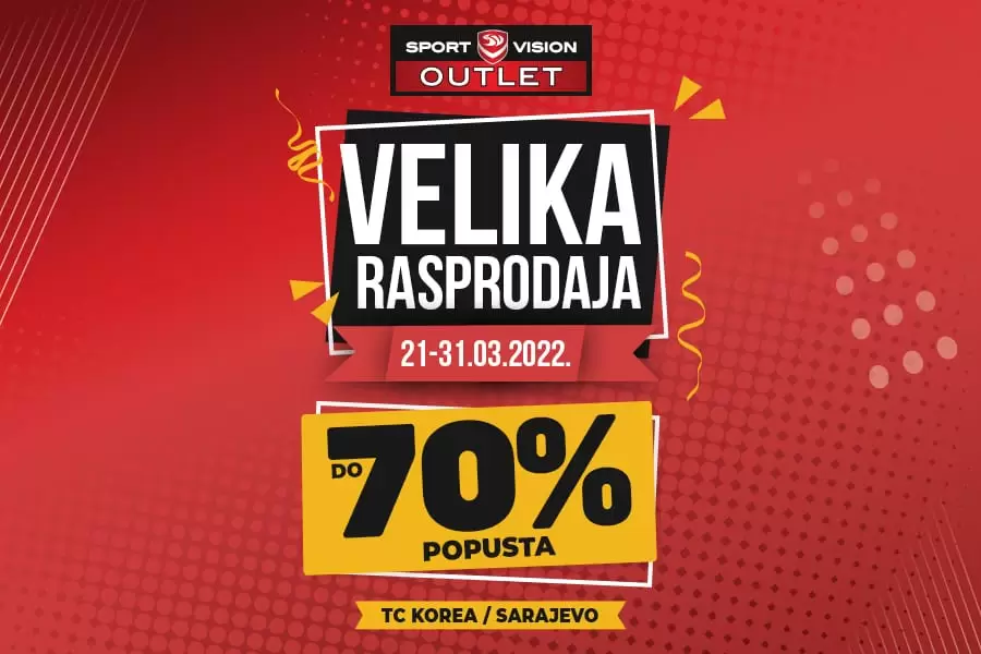 Sjajna prilika da nabavite modele omiljenih sportskih brendova po ekstremno niskim cijenama – VELIKA RASPRODAJA U SPORT VISION OUTLETU U SARAJEVU. Popusti čak do 70% čekaju vas u Sport Vision Outlet prodavnici u TC Korea, samo od 21. do 31.03.2022. godine.