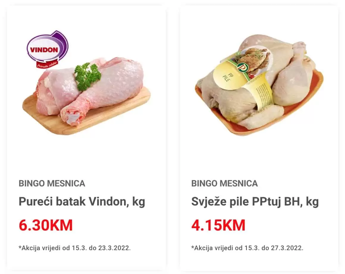 Bingo akcija mesa! Odaberite svježe pile, pureći batak, junjeći flam, junjeća rebra ili pileća krila u marinadi! I sve to super niskim akcijskim cijenama! 