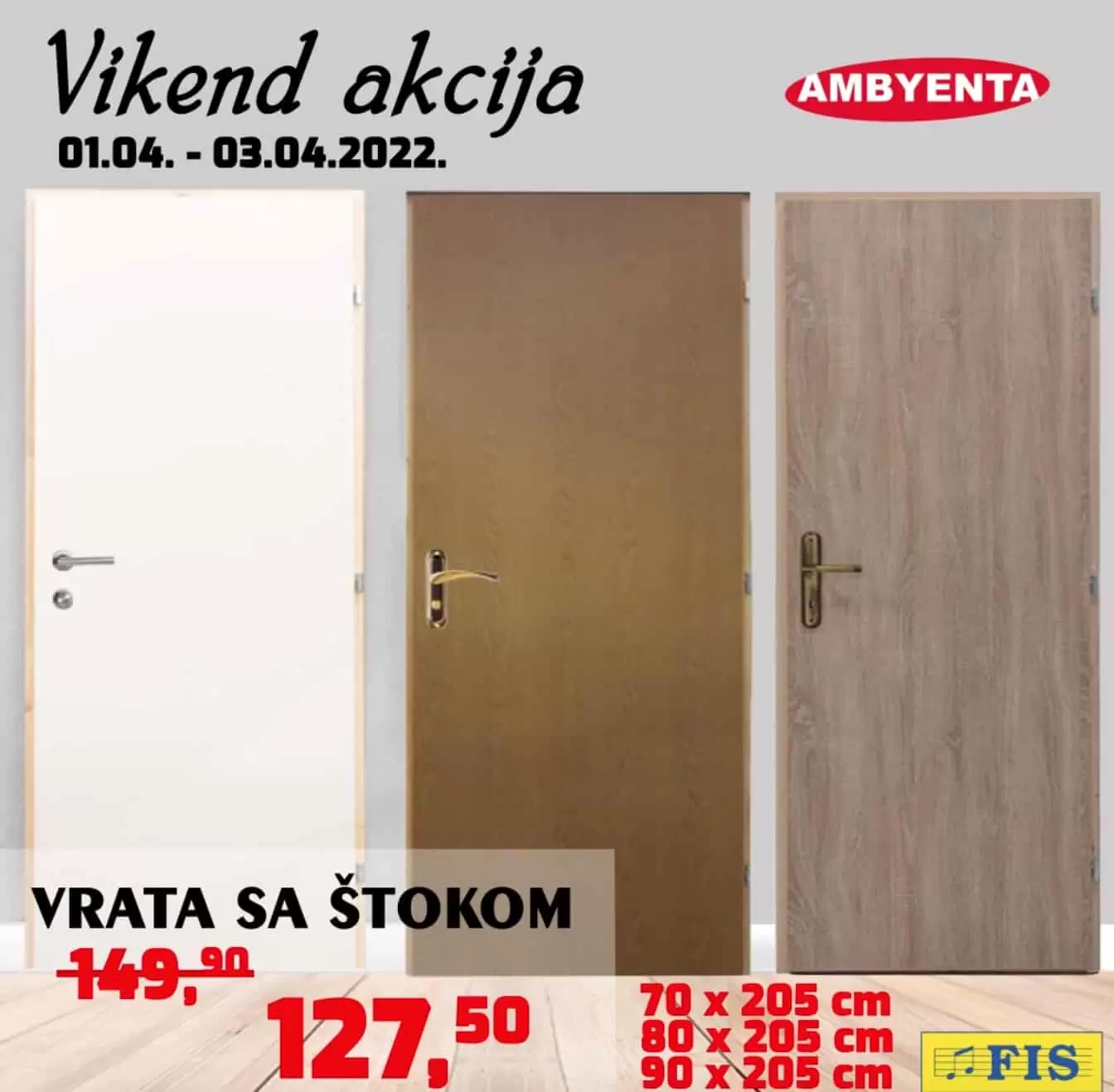 Samo u Fis prodavnicama! Ovaj vikend od 1. do 3. 4., u prodajnim centrima FIS po cijeni nižoj za 15% možete pronaći sobna vrata sa štokom iz domaće Ambyenta proizvodnje, dostupna u tri dekora (hrast, bijela i light sonoma oak) i tri dimenzije.🚪🚪 👉Iskoristite ovu super priliku i na odjelima repromaterijala izaberite svoj omiljeni dekor.