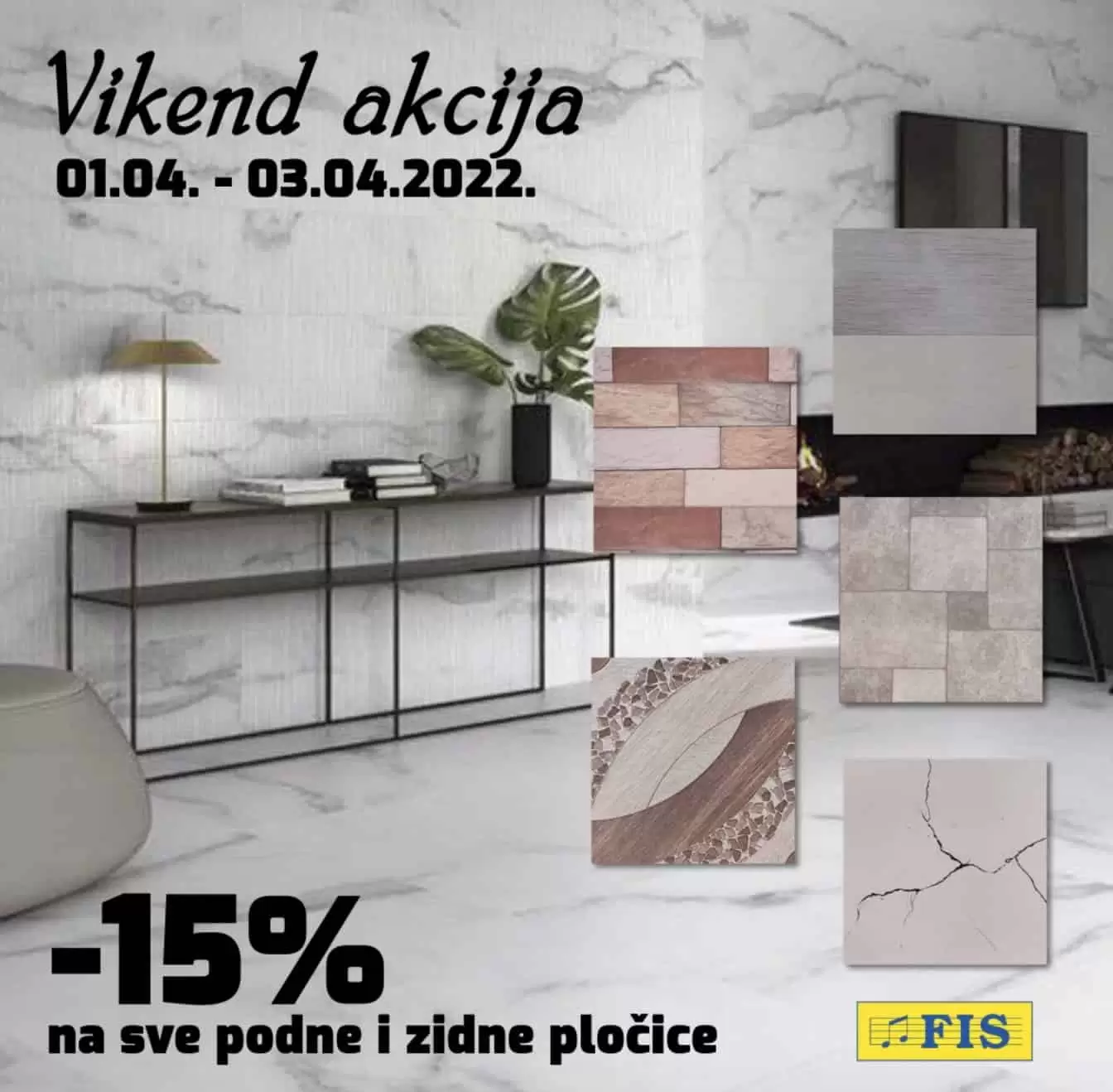 Keramičke pločice neizostavan su dio gotovo svakog doma, poslovnih prostora i drugih objekata. Popularne su zbog jednostavnog postavljanja i održavanja kao i pristupačnih cijena. U prilog ide i velika mogućnost izbora boja, dezena i dimenzija. Osim u interijerima, keramičke pločice nalaze primjenu i vani, te često se postavljaju na terasama, balkonima, vanjskim stepenicama. ❗ Ovaj vikend u FIS -u iskoristite popust na unutrašnje, vanjske, zidne i podne pločice od fantastičnih -15%!✅ Posjetite odjele keramičkih pločica i iskoristite ovu super akciju!