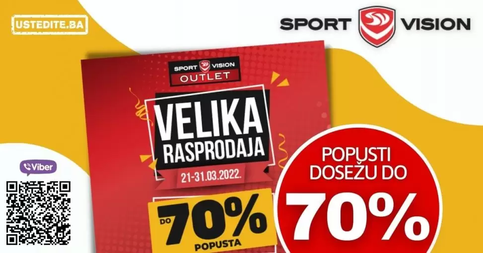 Sjajna prilika da nabavite modele omiljenih sportskih brendova po ekstremno niskim cijenama – VELIKA RASPRODAJA U SPORT VISION OUTLETU U SARAJEVU. Popusti čak do 70% čekaju vas u Sport Vision Outlet prodavnici u TC Korea, samo od 21. do 31.03.2022. godine. 
