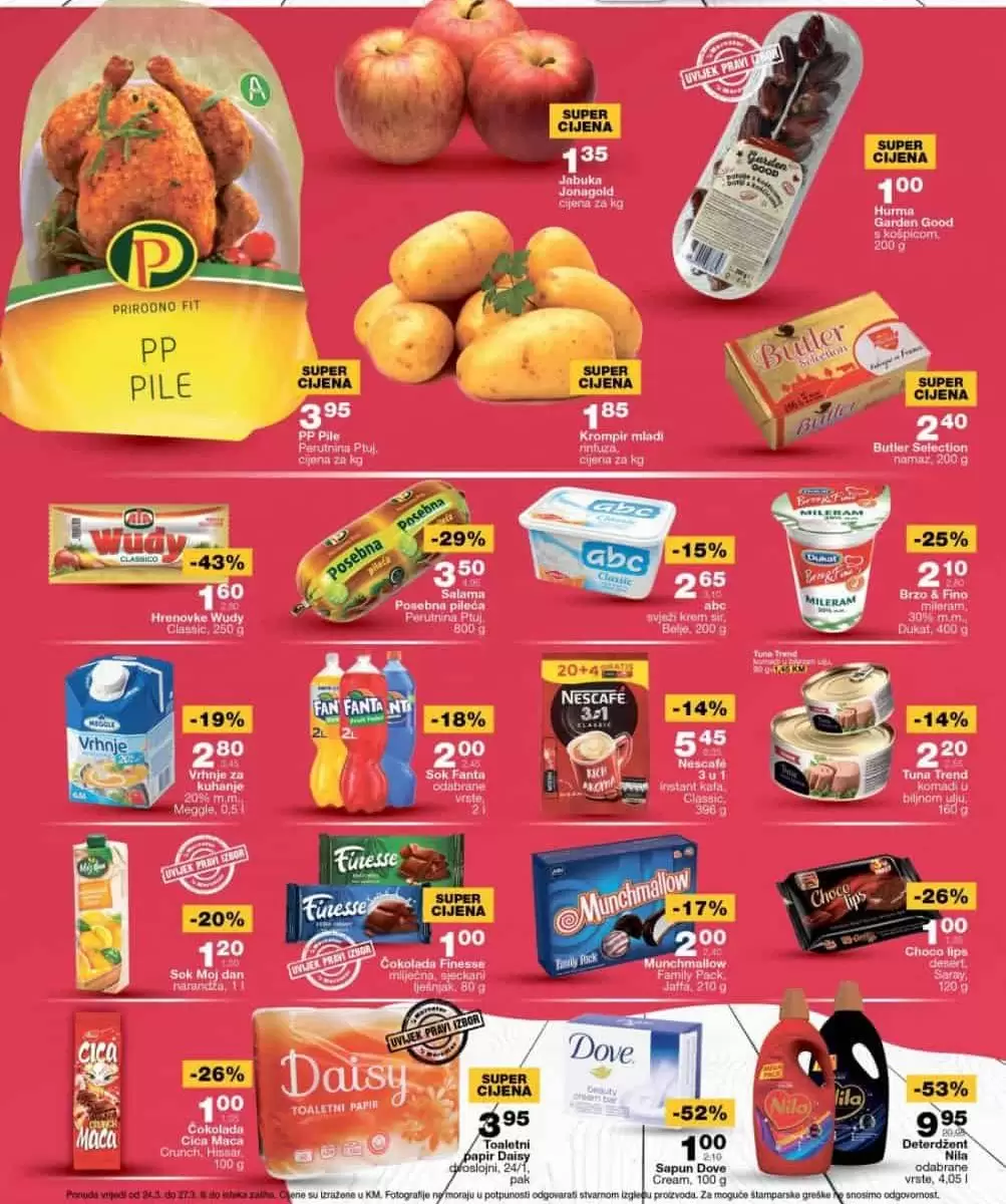 Mercator vikend akcija nam donosi super akcijske cijene na odjelima prehrane i kućne hemije. Popust dosežu i do 53%! U ovom Mercator katalog-u pronaći ćete: Vispak Zlatna džezva kafa 500 gr samo 7,95 KM Costanza maslinovo ulje od komine masline 1l samo 5,95 KM Deterdžent Faks 3 kg + Arf GRATIS samo 9,45 KM Pile Perutnina Ptuj 1 kg samo 3,95 KM