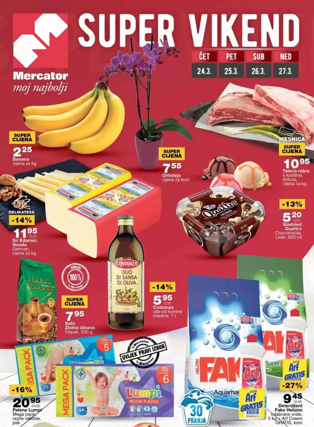 Mercator vikend akcija nam donosi super akcijske cijene na odjelima prehrane i kućne hemije. Popust dosežu i do 53%! U ovom Mercator katalog-u pronaći ćete: Vispak Zlatna džezva kafa 500 gr samo 7,95 KM Costanza maslinovo ulje od komine masline 1l samo 5,95 KM Deterdžent Faks 3 kg + Arf GRATIS samo 9,45 KM Pile Perutnina Ptuj 1 kg samo 3,95 KM
