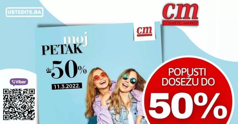 Samo u petak 11.03. u cm cosmetic marketu očekuje vas popust do 50%. Na popustu možete pronaći make up proizvode, parfeme, proizvode za njegu lica i tijela. Očekuje vas i velik izbor čarapa po sniženim cjenama.