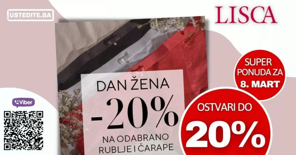 Dan žena u Lisca prodavnicama donosi nam popuste na odbrani asortiman. Iskoristite 20% popusta na donje rublje i čarape