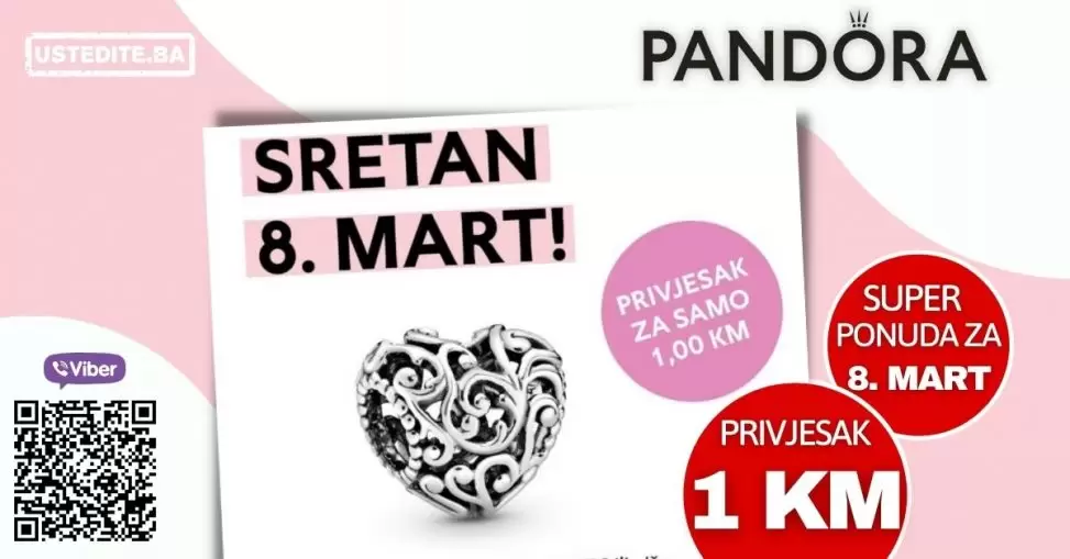 Pandora ima ponudu koju ne smijete propustit. Za kupovnu 220 KM ili više u Pandora prodavnicama Pandora privjesak može biti vaš za samo 1 KM! 