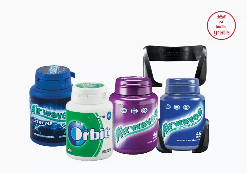 Airwaves Kupovinom bilo kojih Airwaves: Blackcurrant, Extreme i Menthol & Eucaliptus li Orbit Spearmint žvakaćih guma od 46 kom., na kasi preuzmite držač za bočicu na poklon. 