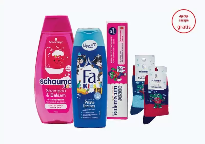 Fa Kupovinom bilo koja dva proizvoda Fa Kids, schauma Kids ili Vardemecum Junior, na kasi preuzmite dječije čarape na poklon.