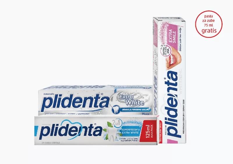 plidenta  Kupite omiljenu plidenta pastu za zube, na kasi preuzmite plidenta Whitnening Extra Smile pastu za zube od 75 ml na poklon. 
