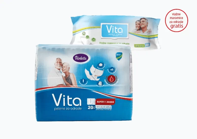 Violeta U najbližoj dm prodavnici kupite Violeta pelene za odrasle Super +, veličine L ili XL, na kasi preuzmite Violeta Vita vlažne maramice za odrasle na poklon. 