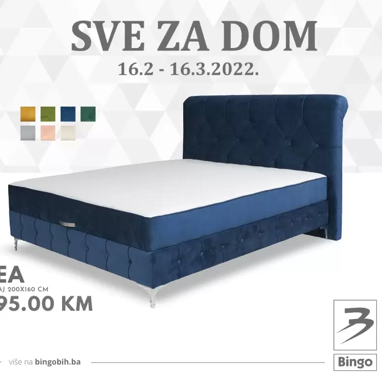Bingo katalog namjestaja "Sve za dom" donosi nam sjajne ponude. Bingo ima veliki izbor namještaja dobrog omjera cijene i kvalitete. U Bingu mozete pronaci komode, viitrine, police, ugaone garniture, krevete za spavacu sobu, stolove, stolice. Posebnu poznju obratite i na dekorativne predmete koji ce svakako osvjeziti vas dom. Kucni tekstil je neizostavan dio Bingo ponude tako da u Bingu mozete pronaci veliki izbor posteljine, zavjesa, peskira.