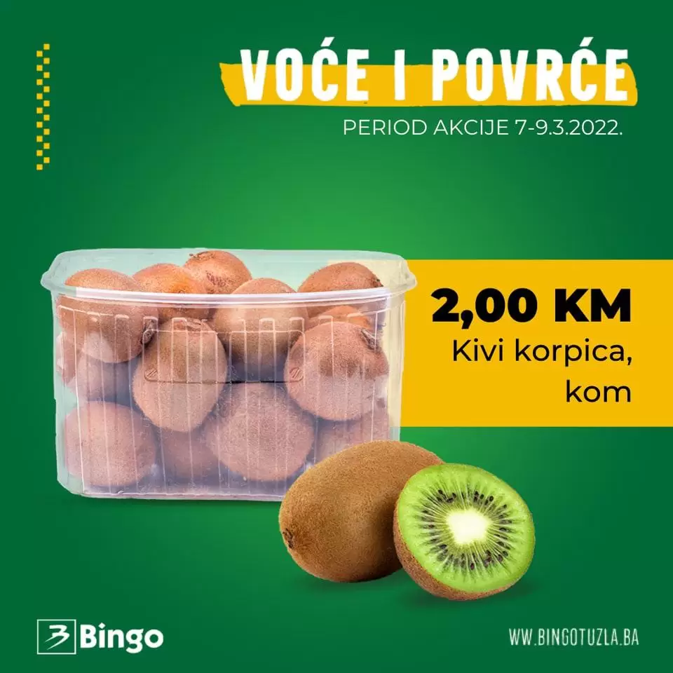 Bingo akcija voce i povrce! U periodu od 07-09.03. u Bingo trgovinama potražite kivi po cijeni od 2,00 KM i salatu putericu po fantastičnoj cijeni od 1,00 KM.