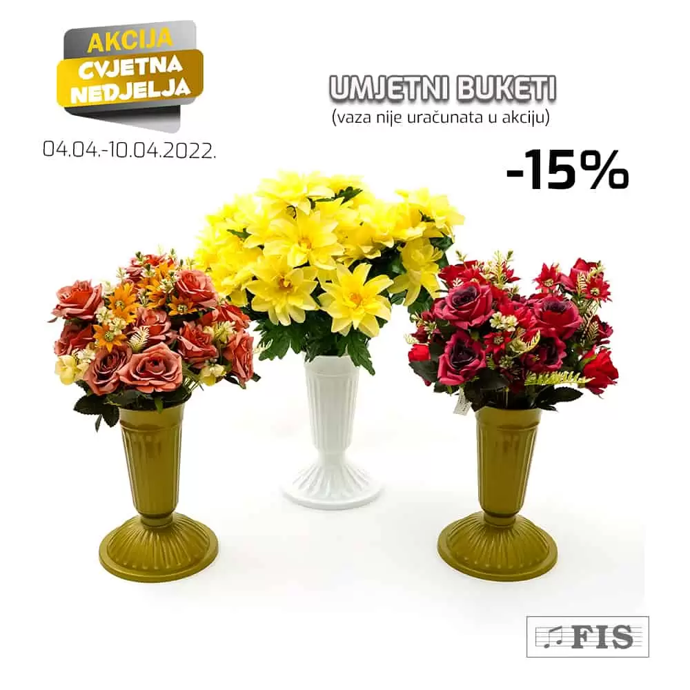 Povodom blagdana Cvjetna nedjelje u FIS prodajnim centrima potražite posebnu ponudu i popust od 15% na asortiman lampiona, umjetnih buketa i svijeća.
