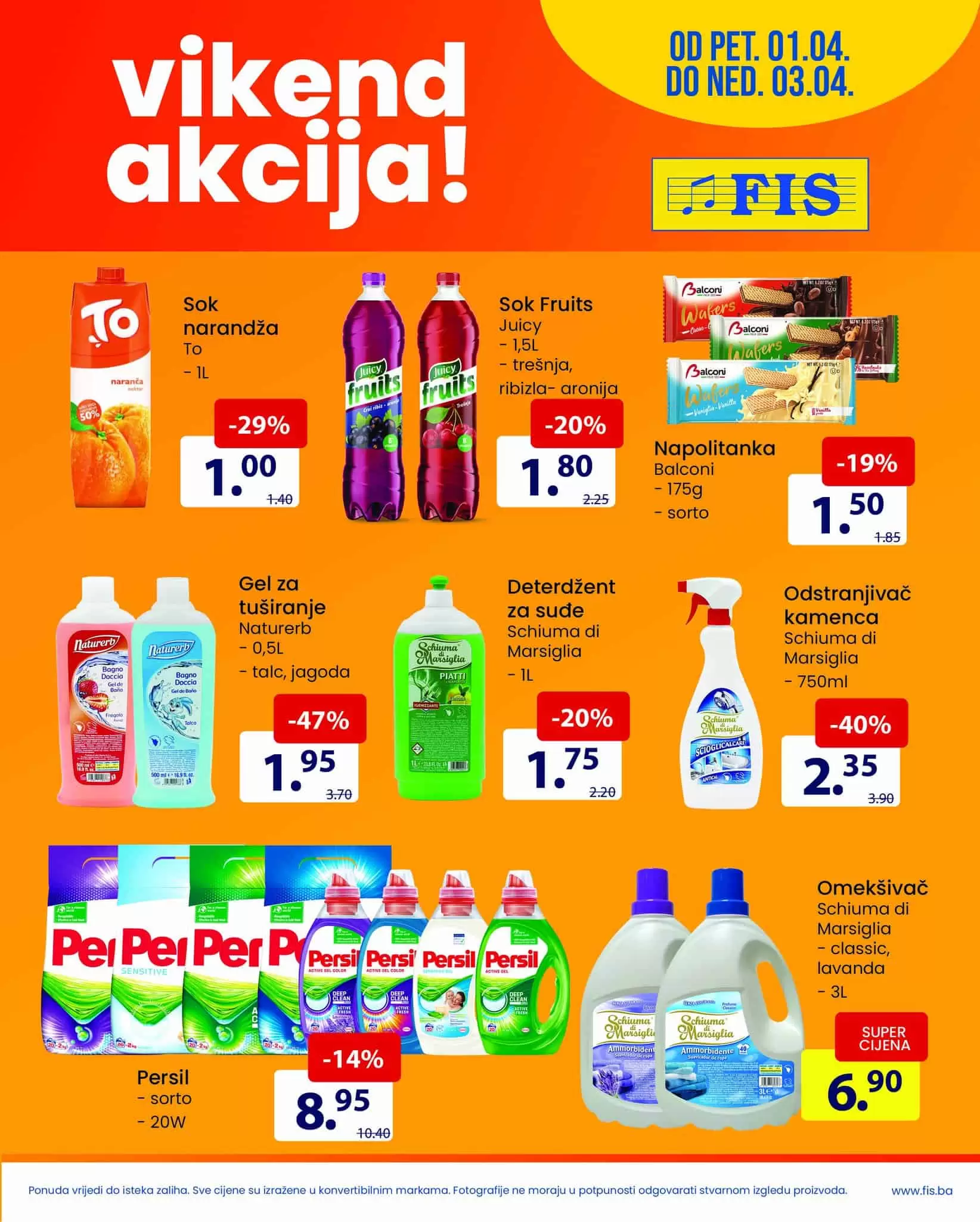 Fis vikend akcija donosi nam snižene cijene hrane i kucne hemije. Na sniženju pronaci cete kafu, mileram, pastete, smrznutu brokule, supe.