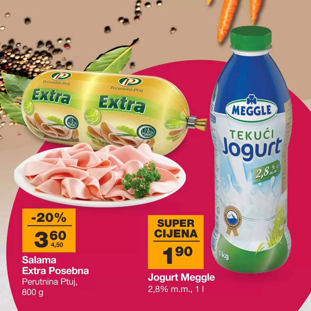 Mercator akcija za pocetak sedmice donoosi nam super cijene jabuka, zelene salate, krastavaca, mrkve, luka i krompira.  Potrazite i junjeci but po akcijskoj cijeni. Obradovat ce vas i snizena cijena meggle jogurta i perutnine ptuj salame. 