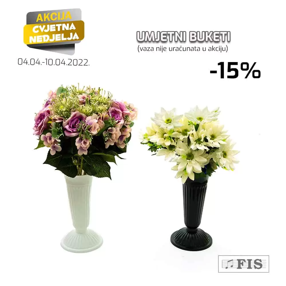Povodom blagdana Cvjetna nedjelje u FIS prodajnim centrima potražite posebnu ponudu i popust od 15% na asortiman lampiona, umjetnih buketa i svijeća.
