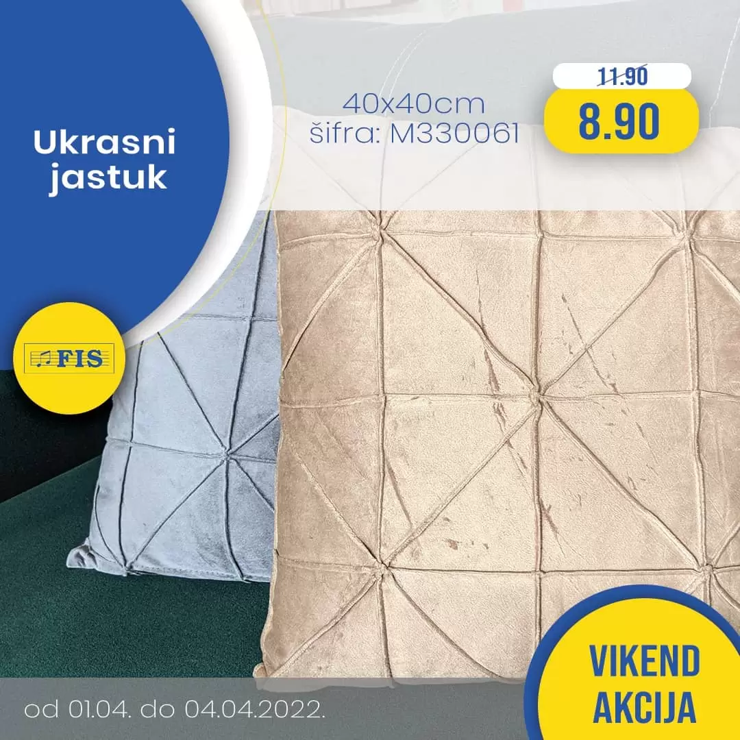 Vikend akcija kućnog tekstila! 🔹 U prodajnim centrima FIS na odjelima kućnog tekstila ovaj vikend očekuju vas super sniženja na odabrani asortiman! 🔹 Za vas smo pripremili popuste na zavjese, dekore, odabrane ukrasne jastuke, prekrivače, kao i odabrane jastuke i štep deke iz Fis Home proizvodnje. Ponuda važi za period od 1. - 4. 4. 2022.,vidimo se!
