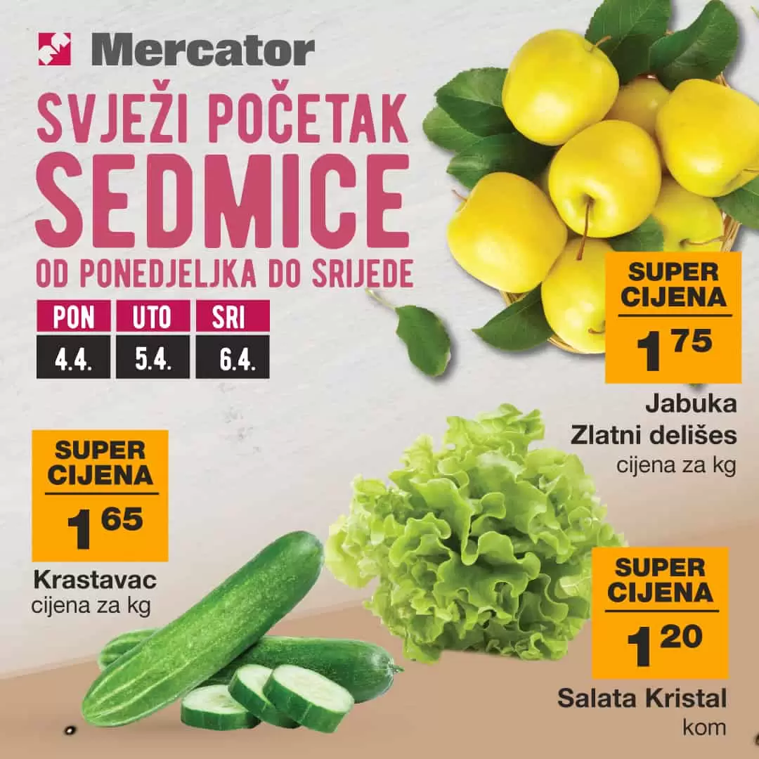 Mercator akcija za pocetak sedmice donoosi nam super cijene jabuka, zelene salate, krastavaca, mrkve, luka i krompira.  Potrazite i junjeci but po akcijskoj cijeni. Obradovat ce vas i snizena cijena meggle jogurta i perutnine ptuj salame. 