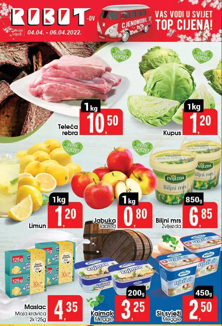 Robot-ova akcija za početak sedmice donosi nam super cijene svježeg crvenog mesa, voća, povrća, mliječnih prozivoda! Čeka vas i akcijska cijena mikrovalne pećnice. Vaša je za samo 135 KM.  Robot Katalog 04-06.04.2022. godine!