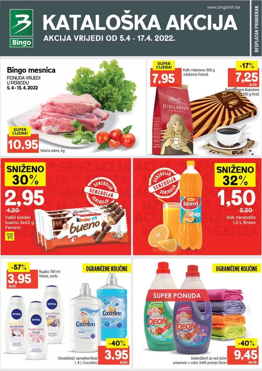 Bingo katalog donosi nam SENZACIONALNE cijene! Bingo kataloska akcija donosi nam popuste do 57%! Iskoristite akcijske cijene hrane, deterdzenata, pelena za bebu, prozvoda za njegu lica i tijela.