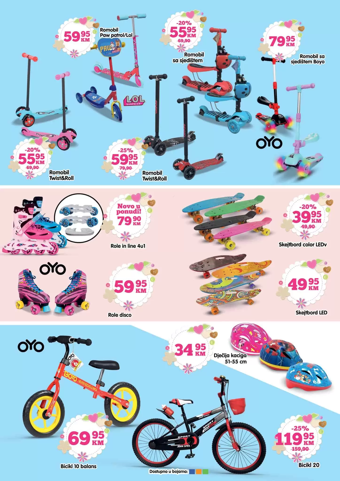 Balans biciklo samo 69,95 KM, skejtbord 39,95 KM, romobil od 55,95 KM, role disco 59,95 KM.