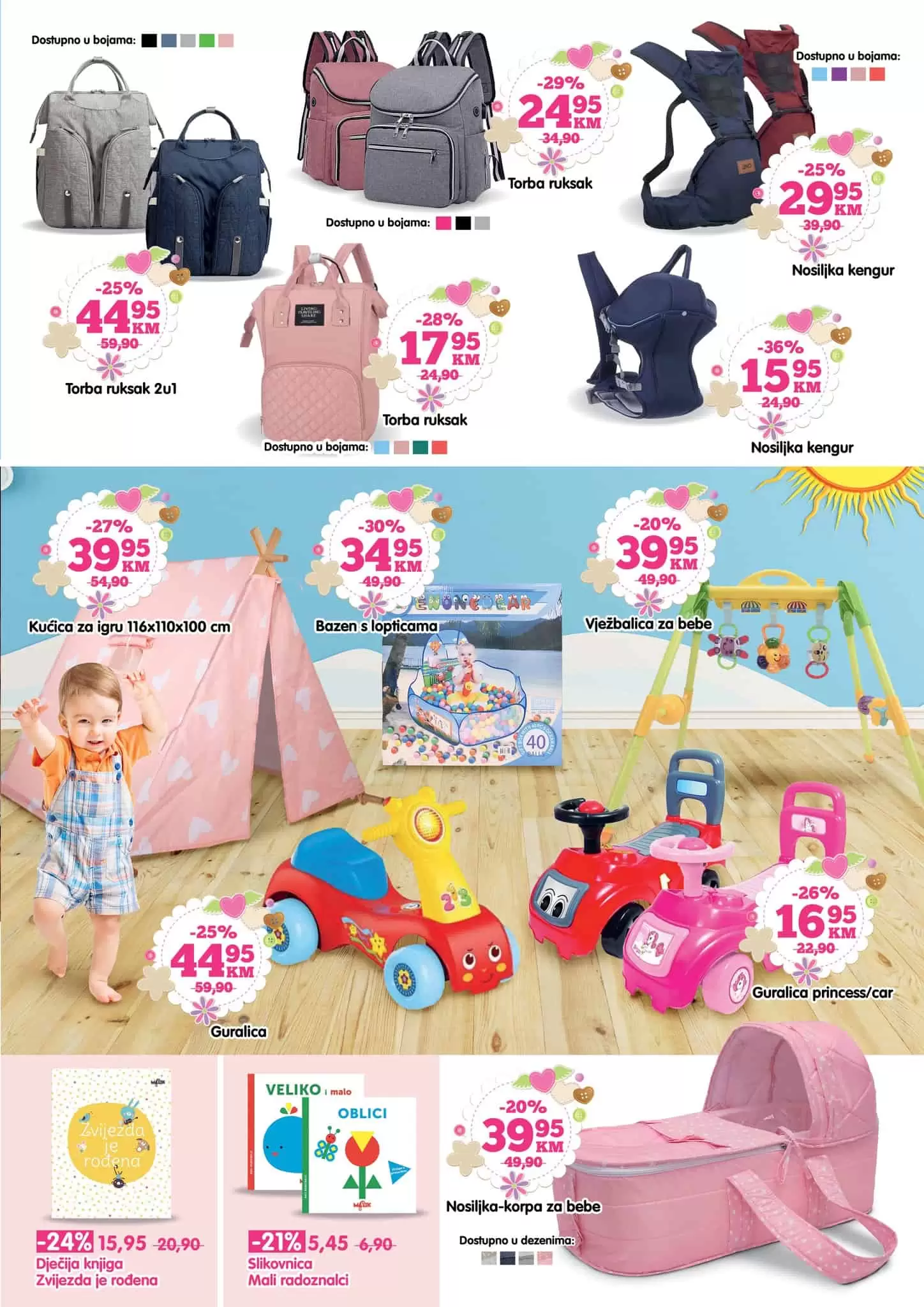 Veliki zbor torbi/ruksaka za bebe sa dosta pregrada već od 17,95 KM. Kengur nosiljka već od 15,95 KM.