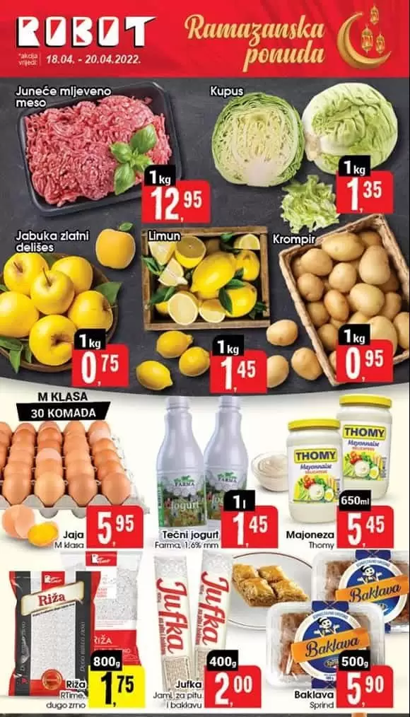 Robotva super akcija za poocetak sedmice donosi nam snizenje hrane. Na snizenju su jaja, jogurt, jabuke, limun