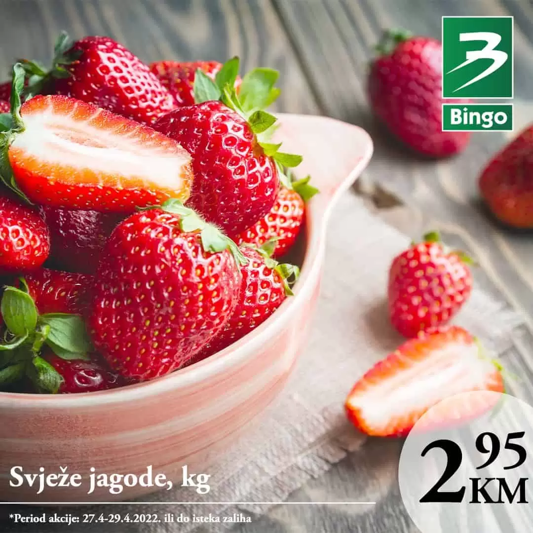 Bingo akcija JAGODE 27-29.04.2022. Svježe jagode pronađite u Bingo trgovinama po fantastičnoj cijeni od 2,95 KM u periodu 27-29.04.2022. ili do isteka zaliha.
