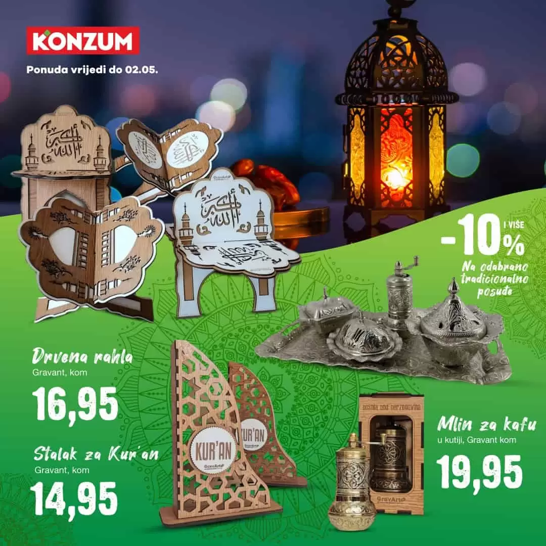 Konzum Pronadjite poklon za Bajram 29.04-02.05.2022. Pokloni su tradicionalni simboli ljubavi i zahvalnosti. Ovog Bajrama, pored iskrenih čestitki, obradujte vaše najmilije znakom pažnje sa posebnim Grav Art proizvodima iz Konzum ponude.