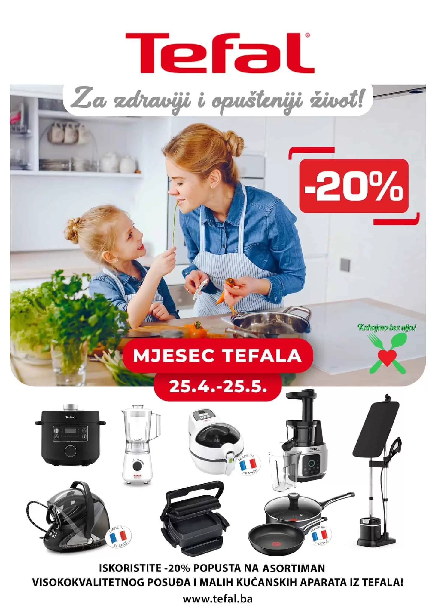 Iskoristite 20% popusta na asortiman visokokvalitetnog posuđa i malih kućanskih aparata iz Tefala.Robot Mjesec Tefala super sniženja 25.04-25.05.2022.