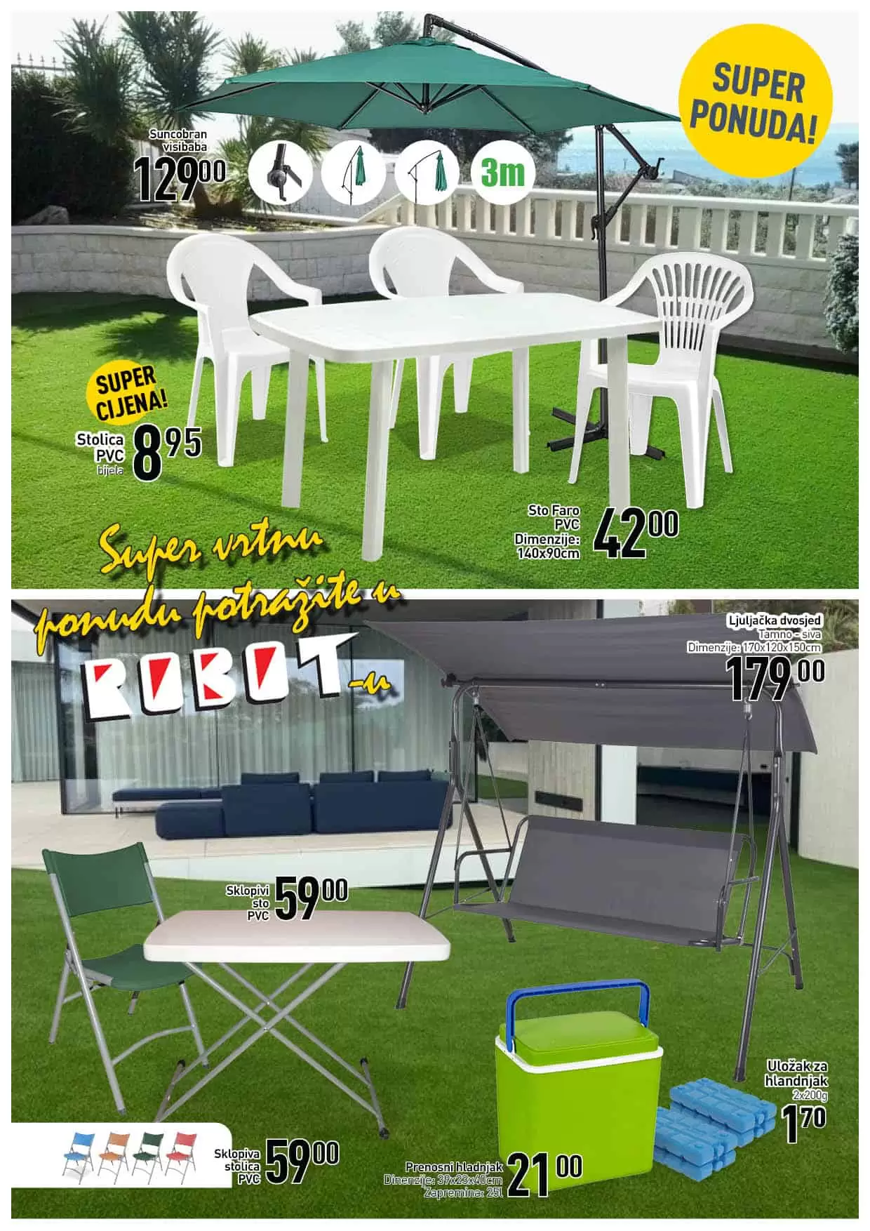 Robot katalog 'Vrtna ponuda' 28.04-05.05.2022. Suncobran visibaba 129 KM. PVC Stolica PVC 8,95 KM. Stol pvc 42 KM.