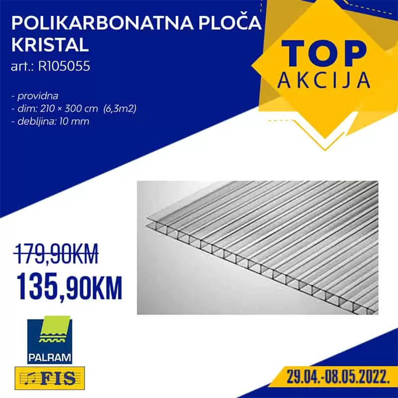 likarbonatna ploča Kristal providna, dimenzije 210x300, debljine 10 mm samo 135,90 KM. 