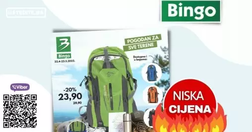 Bingo planinarski ruksak snižen 20% 22.04-22.05.2022.Planinarski ruksak, od izdržljivog i kvalitetnog materijala, pogodan za sve terene pronađite u Bingo trgovinama po fantastičnoj cijeni od 23,90 KM.