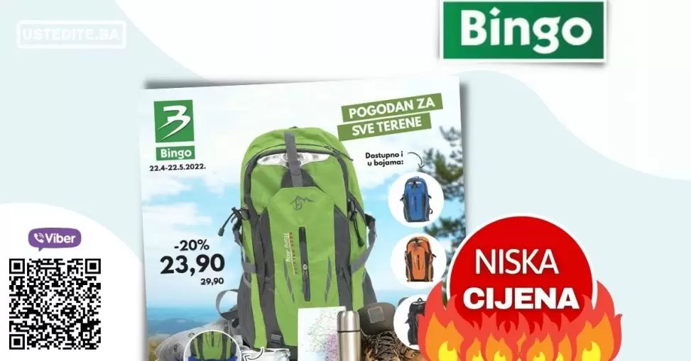 Bingo planinarski ruksak snižen 20% 22.04-22.05.2022.Planinarski ruksak, od izdržljivog i kvalitetnog materijala, pogodan za sve terene pronađite u Bingo trgovinama po fantastičnoj cijeni od 23,90 KM.