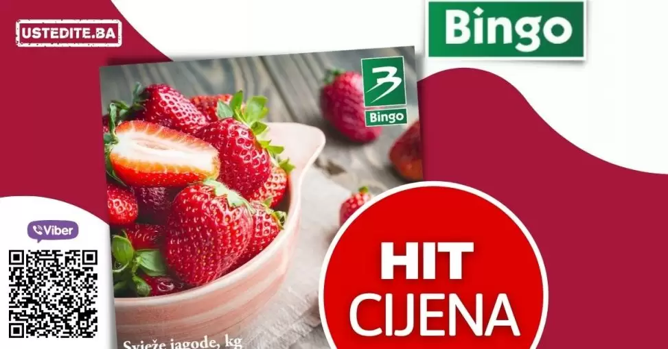 Bingo akcija JAGODE 27-29.04.2022. Svježe jagode pronađite u Bingo trgovinama po fantastičnoj cijeni od 2,95 KM u periodu 27-29.04.2022. ili do isteka zaliha.