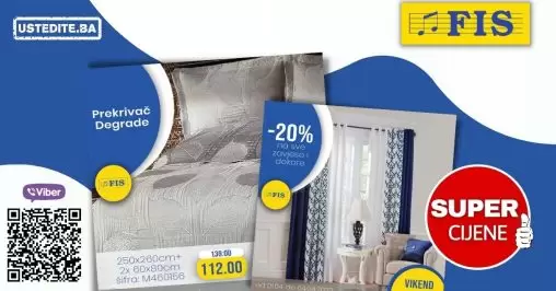 Vikend akcija kućnog tekstila! 🔹 U prodajnim centrima FIS na odjelima kućnog tekstila ovaj vikend očekuju vas super sniženja na odabrani asortiman! 🔹 Za vas smo pripremili popuste na zavjese, dekore, odabrane ukrasne jastuke, prekrivače, kao i odabrane jastuke i štep deke iz Fis Home proizvodnje. Ponuda važi za period od 1. - 4. 4. 2022.,vidimo se!