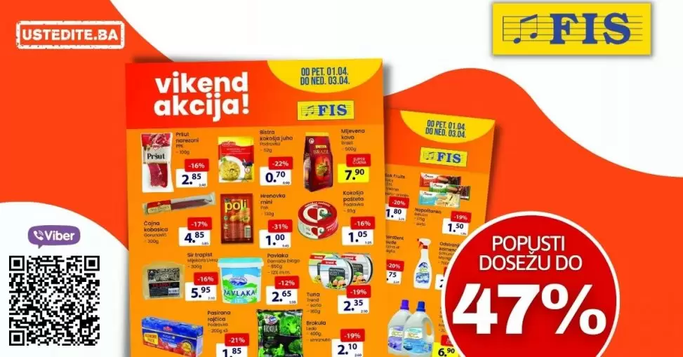 Fis vikend akcija donosi nam snižene cijene hrane i kucne hemije. Na sniženju pronaci cete kafu, mileram, pastete, smrznutu brokule, supe.